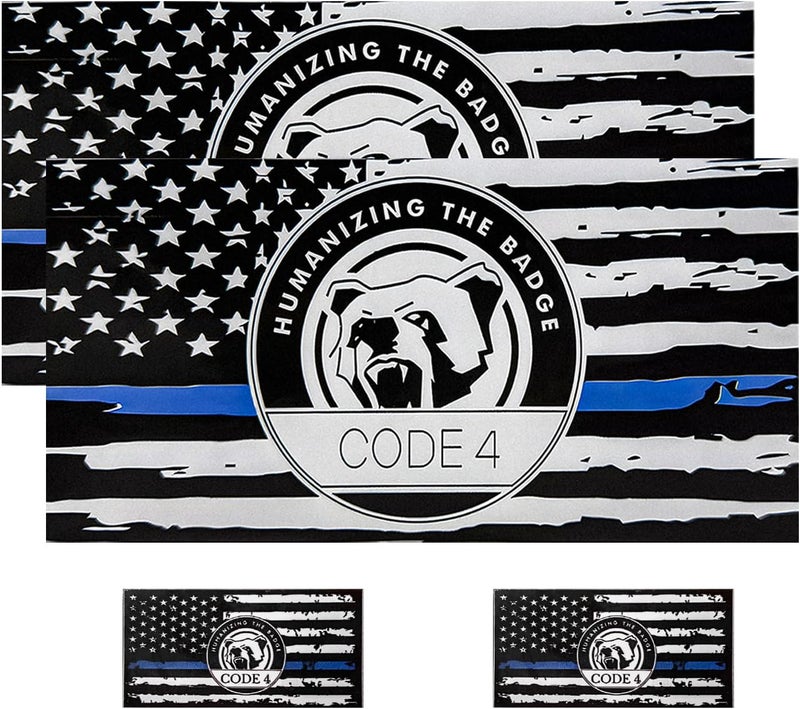 YTFRL 4 PCS Thin Line Sticker Code 4, American Flag Waterproof Vinyl Decal Police Support Bumper Stickers, Reflective Support Law Enforcement Decal for Car Truck Window Laptop (Large+Small) - Image 1